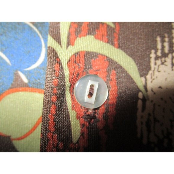 Vintage 70s Joel Cal Made Polyester Disco Shirt Wood Foliage Pattern Mens Lg GUC - Picture 9 of 16